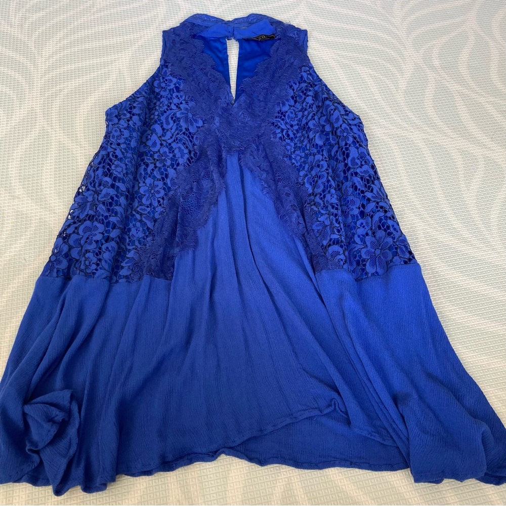 L&B Blue Dress Soft Lace Open V Neck Swing Mini Skirt Button Back